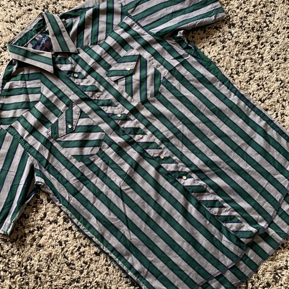 Vintage Wrangler Long Tail Mens Snap Button Western Grey Green Blue Stripe Shirt - Picture 3 of 13